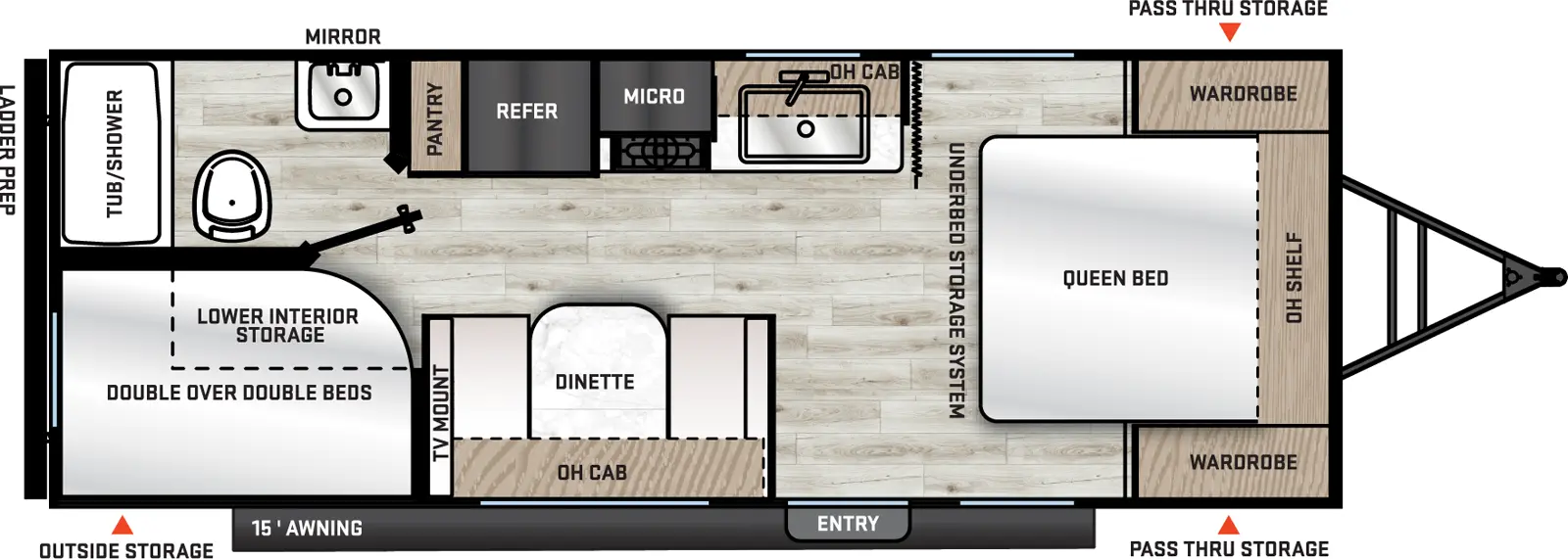 The Catalina Summit Series 8 211BH floorplan has one entry and zero slide outs. Exterior features include: metal exterior and 15' awning. Interiors features include: bunk beds and front bedroom.